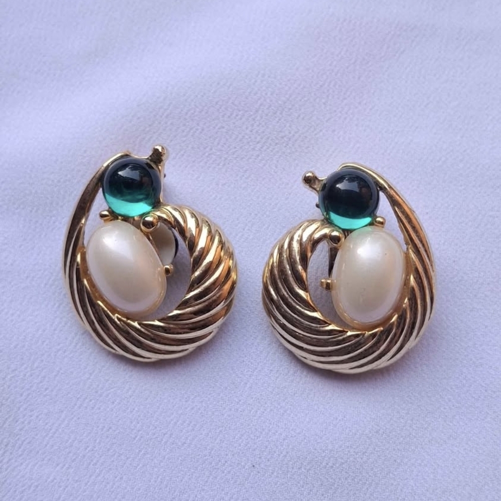 Elegant Gold and Green Swirl Pearl Clip On Earrings